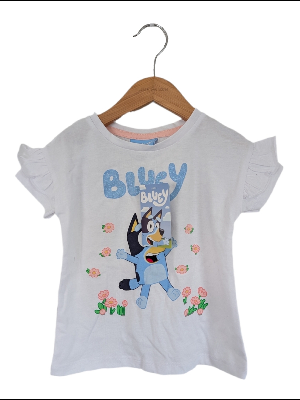 Bluey Girls' White Graphic Tee with Ruffle Sleeves